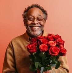 smiling elderly african american man beautiful bouquet red roses flowers pink background copy space 646632 13586